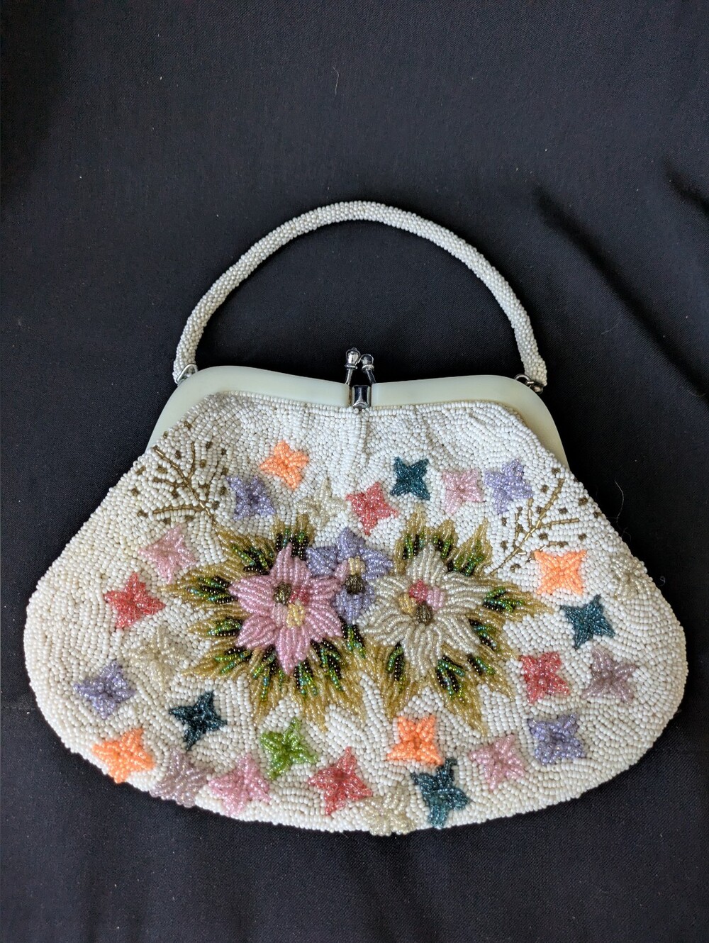 Beaded Floral Evening Handbag - Cream with Pastel Flowers Vintage